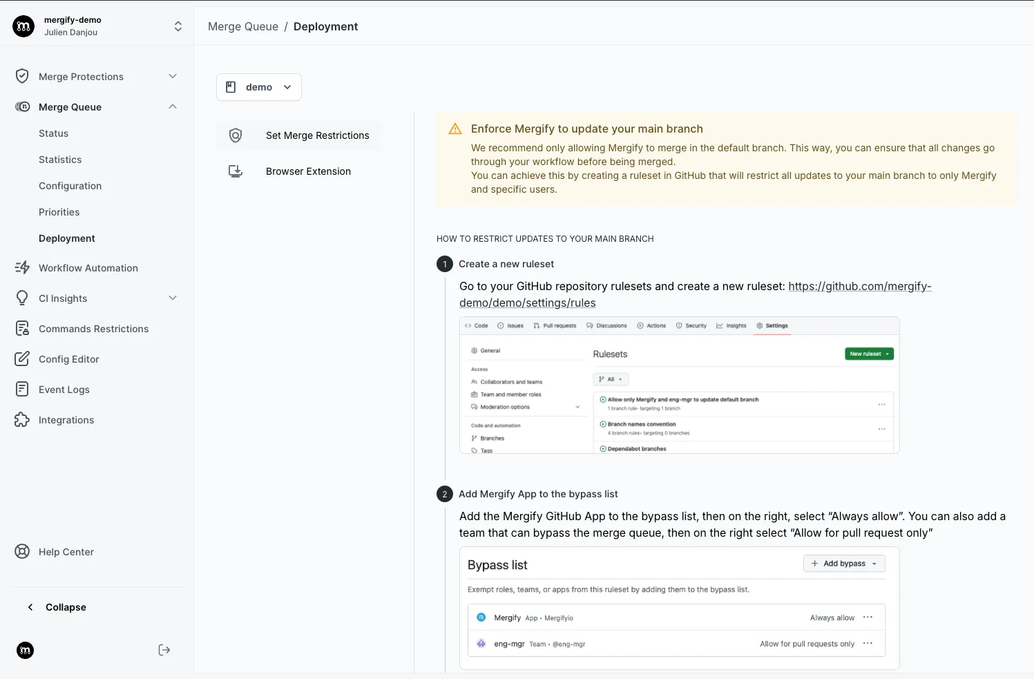 Deploy screen from Mergify dashboad